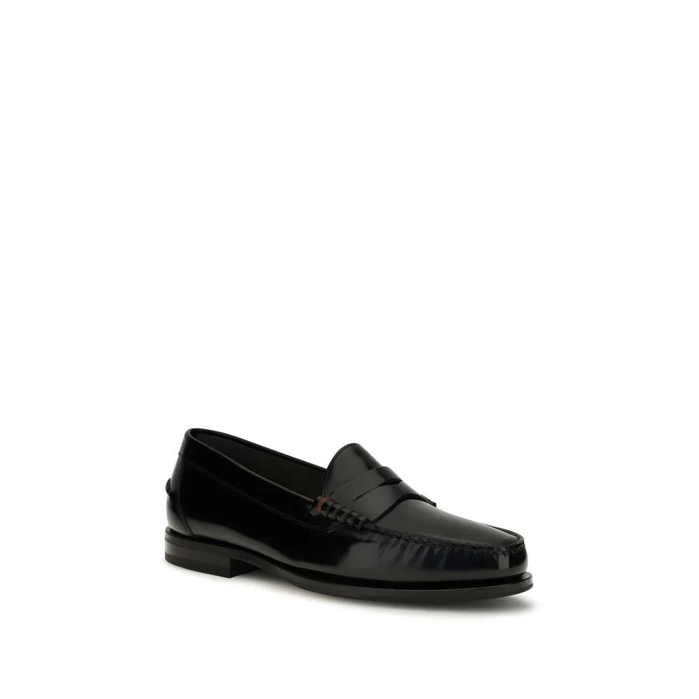 Santoni Black Calf Leather Bos Taurus Slip-On Loafers