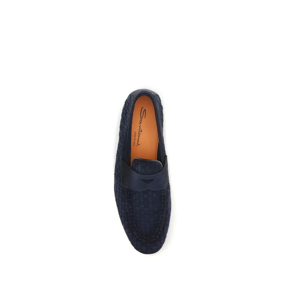 Santoni Blue Calf Leather Bos Taurus Slip-On Loafers