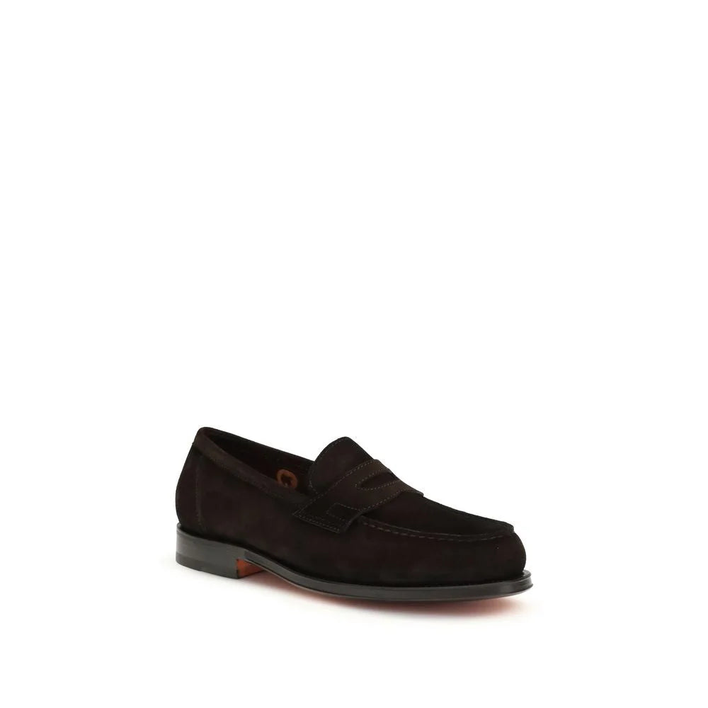 Santoni Brown Calf Leather Bos Taurus Slip-On Loafers
