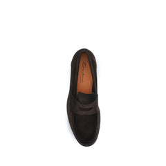 Santoni Brown Calf Leather Bos Taurus Slip-On Loafers