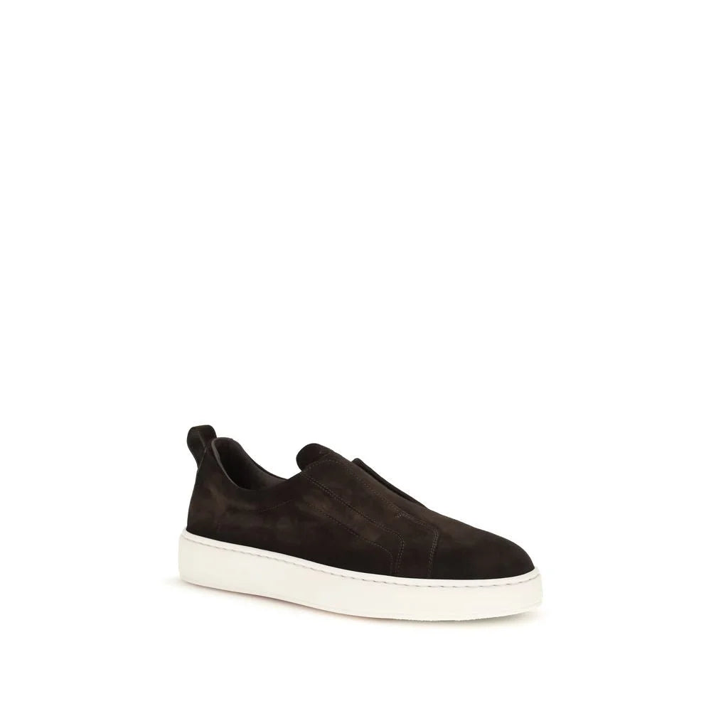 Santoni Brown Calf Leather Bos Taurus Sneakers - EU40/US7