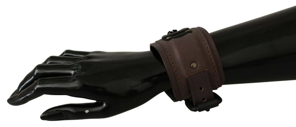 Scervino Street Brown Leather Branded Wide Buckle Closure Bracelet - Bracelets