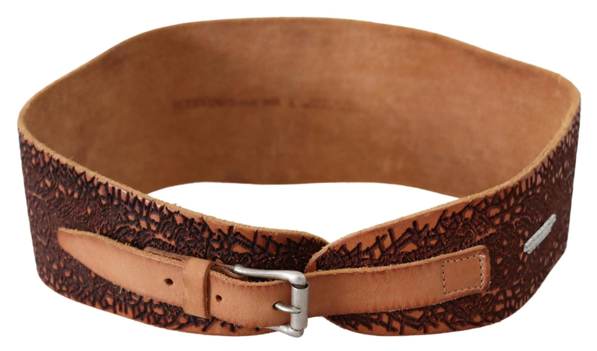 Scervino Street Brown Wide Leather Embroidered Design Logo Belt - 85 cm / 34 Inches - Belts