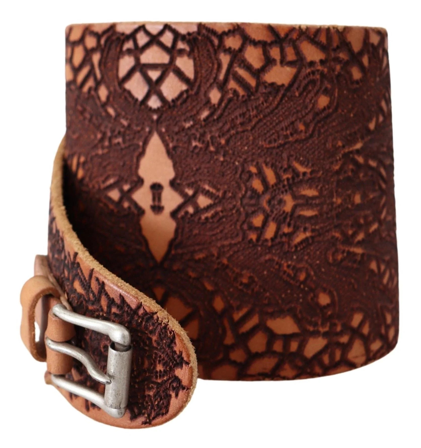 Scervino Street Brown Wide Leather Embroidered Design Logo Belt - 85 cm / 34 Inches - Belts