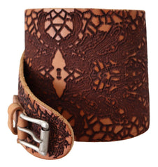 Scervino Street Brown Wide Leather Embroidered Design Logo Belt - 85 cm / 34 Inches - Belts