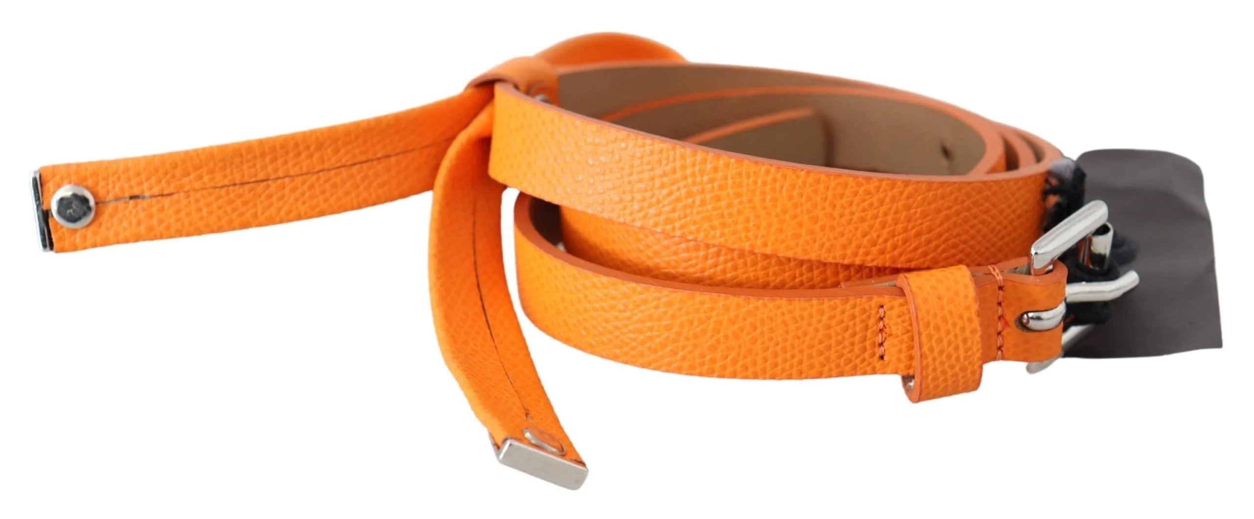 Scervino Street Orange Tangerine Leather Slim Silver Metal Buckle Belt - 80 cm / 32 Inches