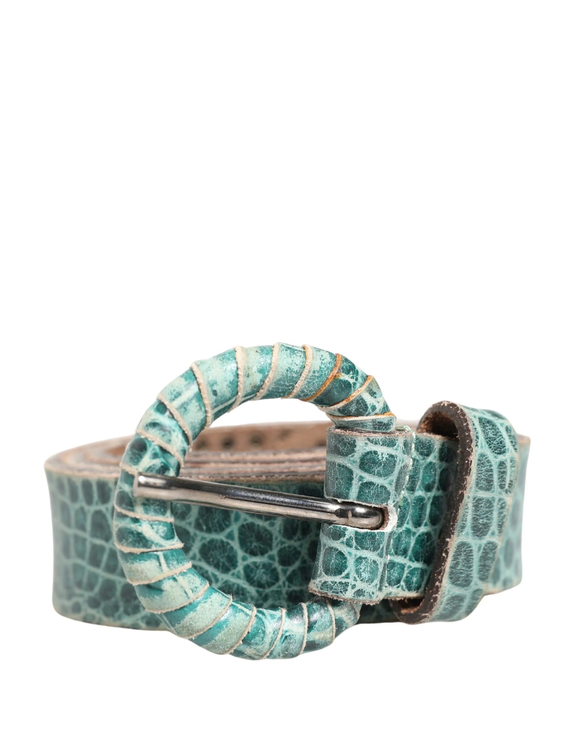 Scervino Street Women Green Leather Croco Print Studded Belt - Belts