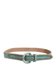 Scervino Street Women Green Leather Croco Print Studded Belt - Belts