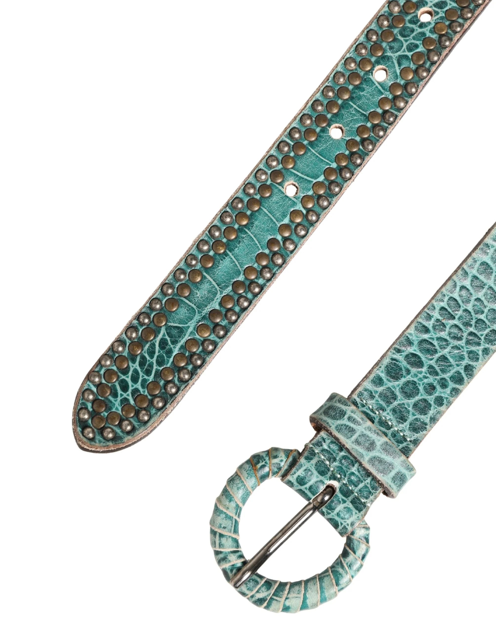 Scervino Street Women Green Leather Croco Print Studded Belt - Belts