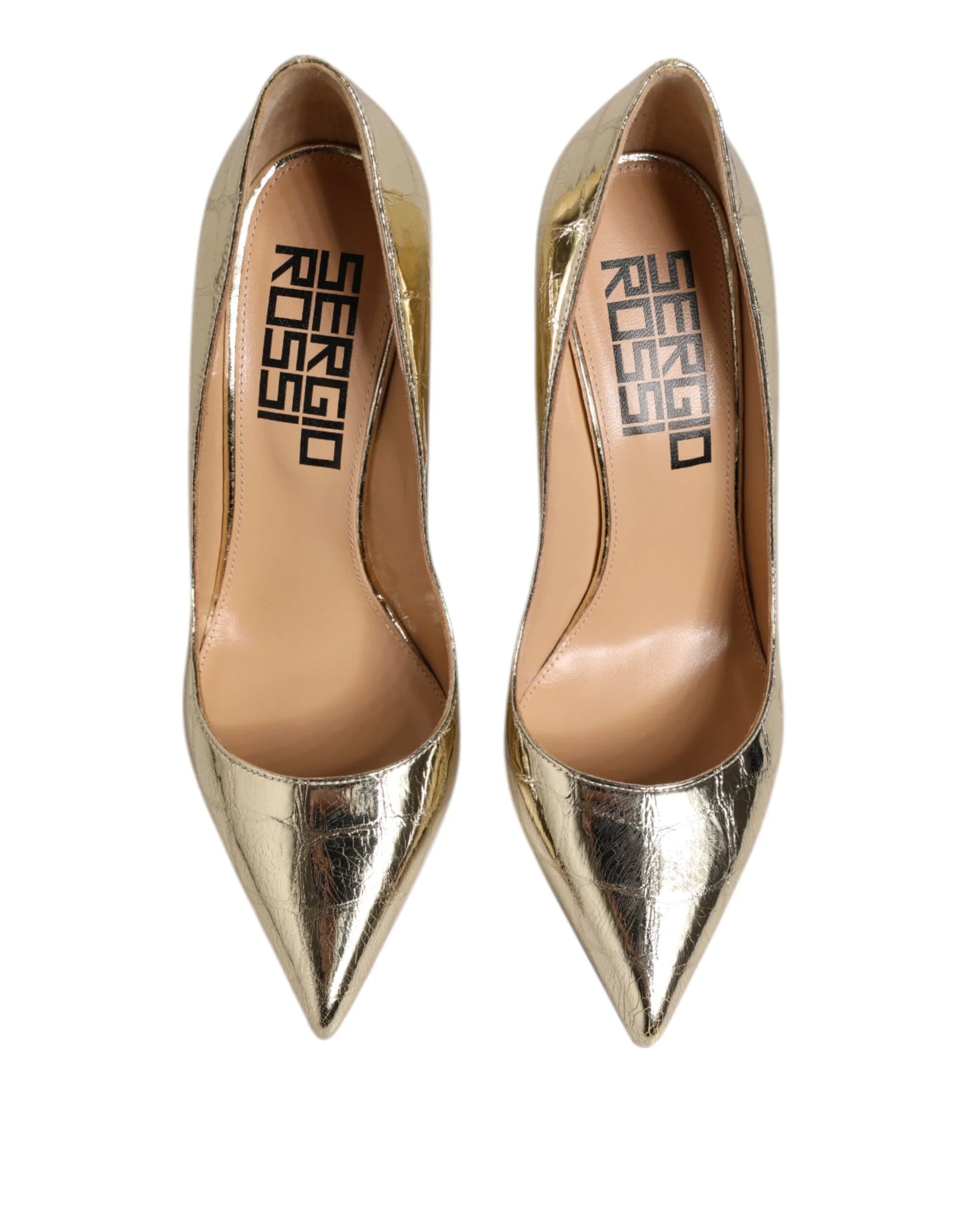 Sergio Rossi Gold Leather Pointed Toe Block Heels Shoes - EU37/US6.5 - Heels