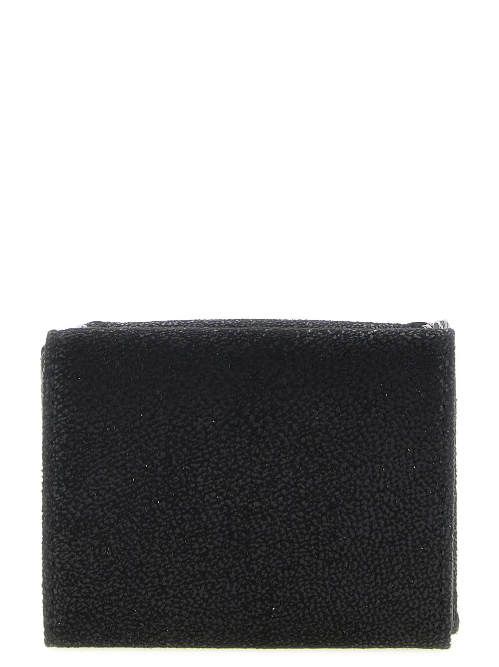 Vista lateral del tarjetero de poliéster negro de Stella McCartney que muestra el diseño delgado y el lujoso hardware metálico.