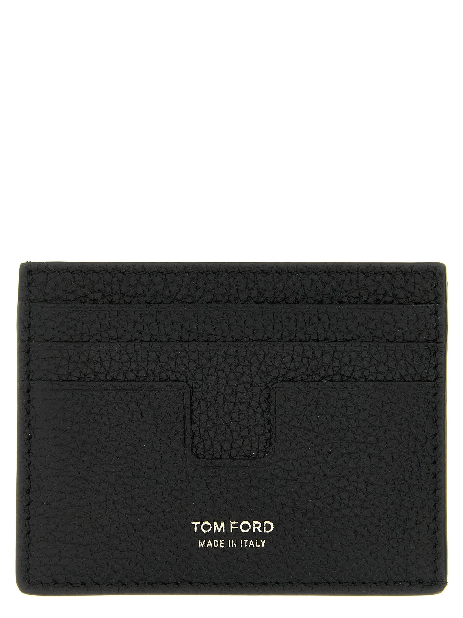 Framifrån vy av en Tom Ford svart kalvskinnskortplånbok med guldtonad logotypsprägling och flera kortfack.