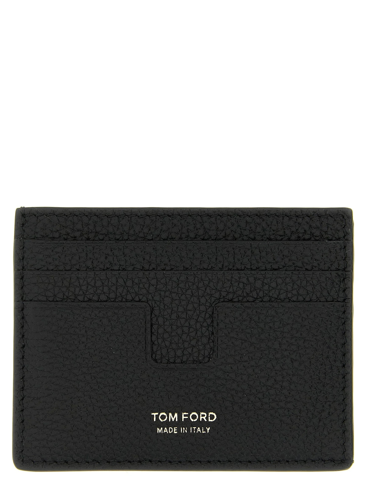 Framifrån vy av en Tom Ford svart kalvskinnskortplånbok med guldtonad logotypsprägling och flera kortfack.