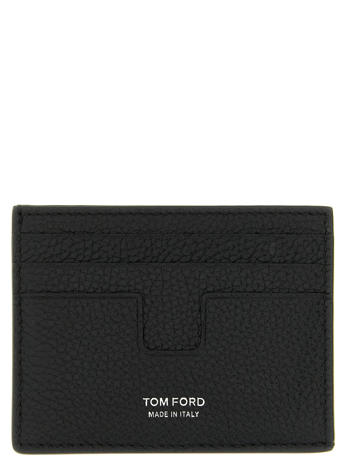 Εμπρόσθια άποψη του πορτοφολιού καρτών Tom Ford σε μαύρο δέρμα μοσχαριού με χρυσό λογότυπο και πολλές υποδοχές καρτών.