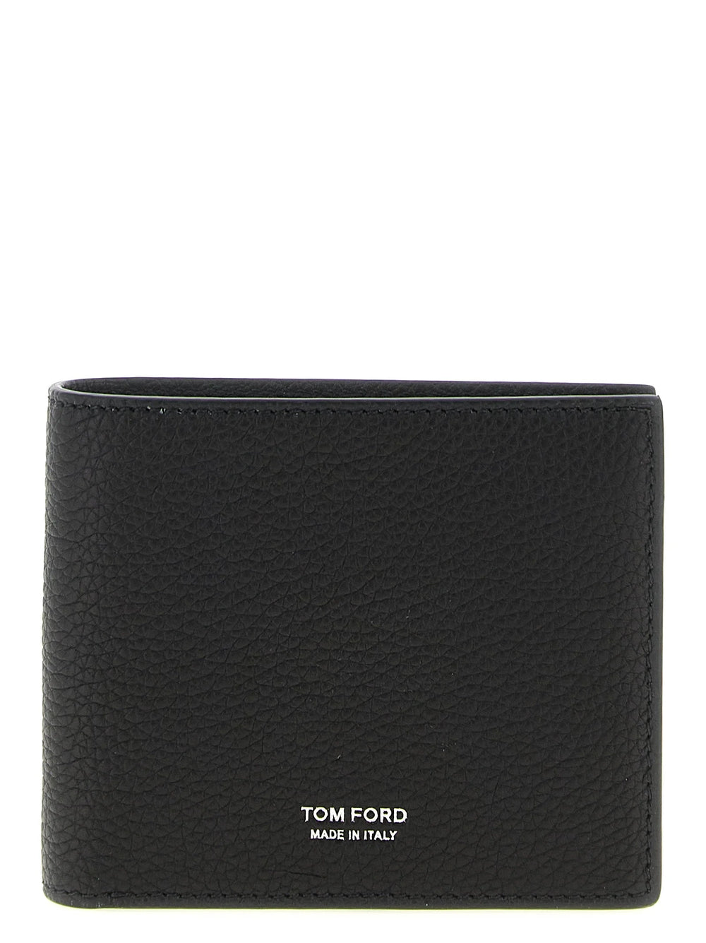 Front view of a Tom Ford black calfskin leather wallet featuring a subtle grained texture and gold-tone logo hardware.