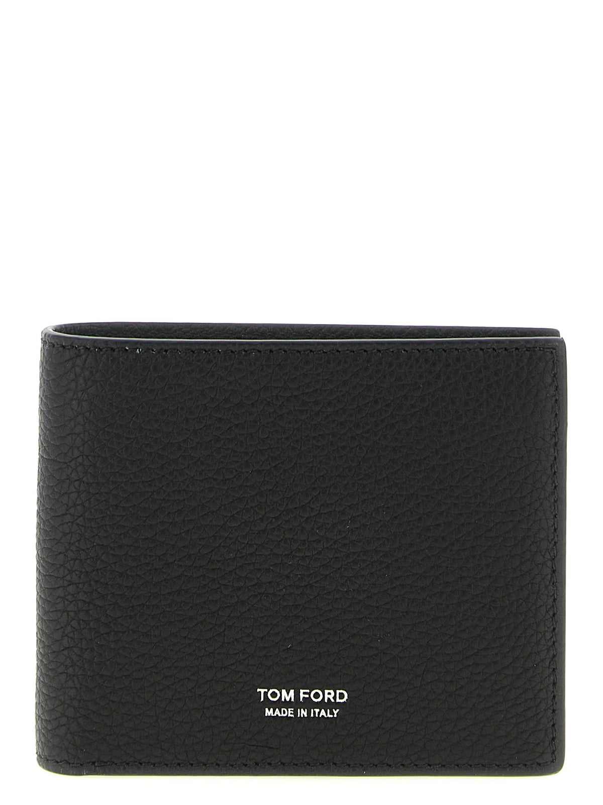 Front view of a Tom Ford black calfskin leather wallet featuring a subtle grained texture and gold-tone logo hardware.