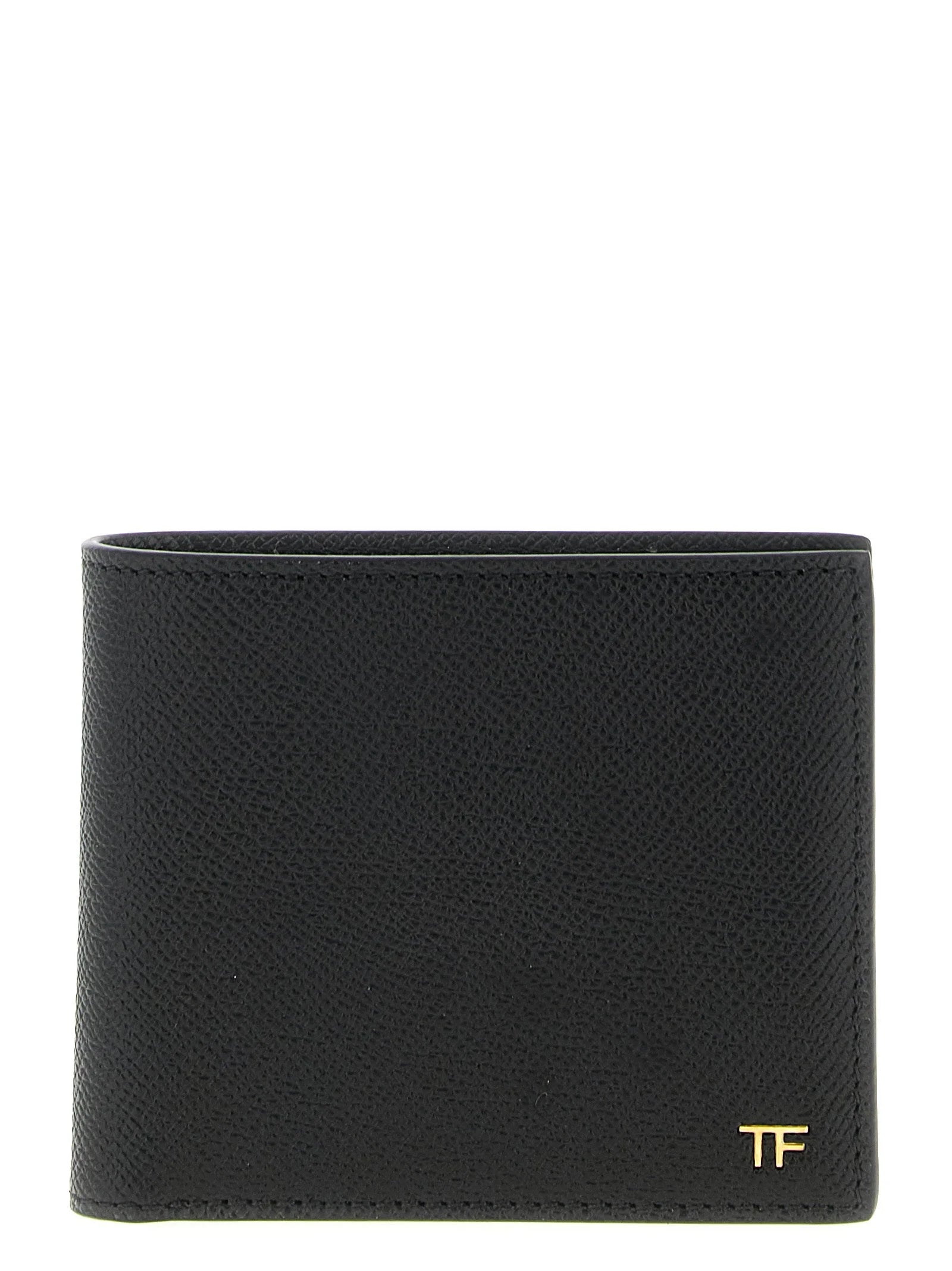 Tom Ford herre bifold lommebok i førsteklasses svart kornet kalveskinn med gullfarget logo-maskinvare.