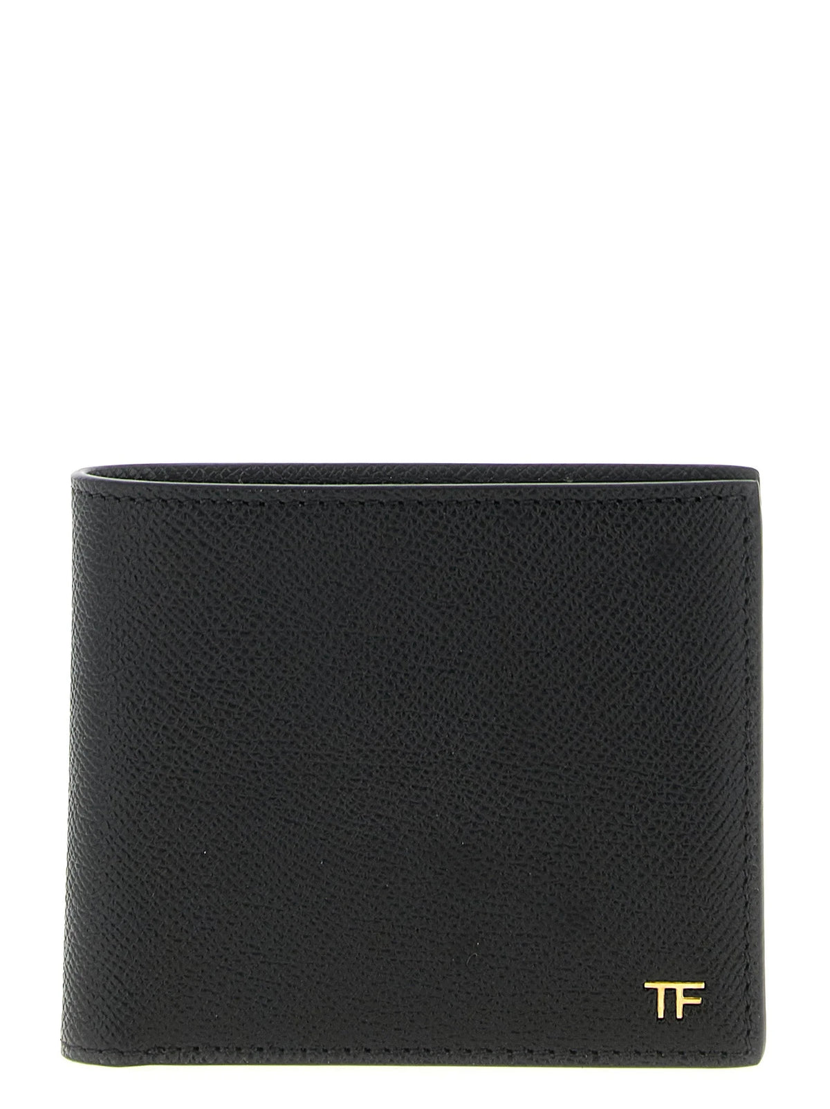 Tom Ford herre bifold lommebok i førsteklasses svart kornet kalveskinn med gullfarget logo-maskinvare.