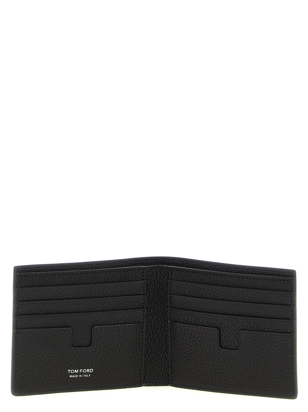 Close-up detail of the Tom Ford calfskin wallet highlighting the refined leather grain and gold foil embossed branding.