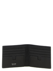 Close-up detail of the Tom Ford calfskin wallet highlighting the refined leather grain and gold foil embossed branding.