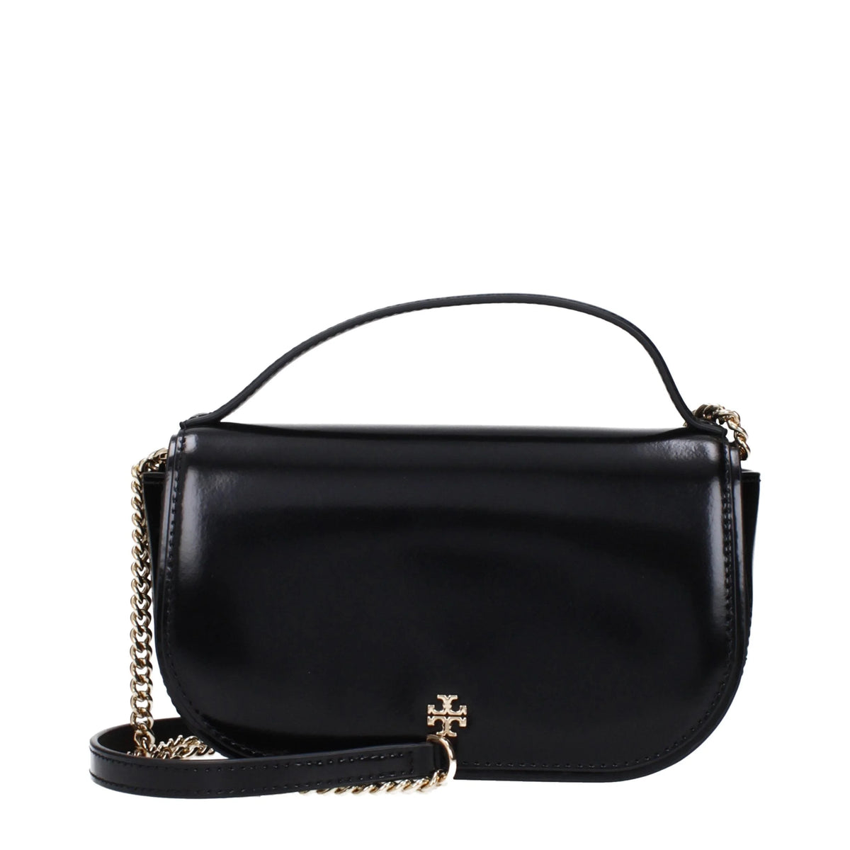 Front view of a Tory Burch black leather handbag featuring the iconic gold-tone logo emblem and structured silhouette.