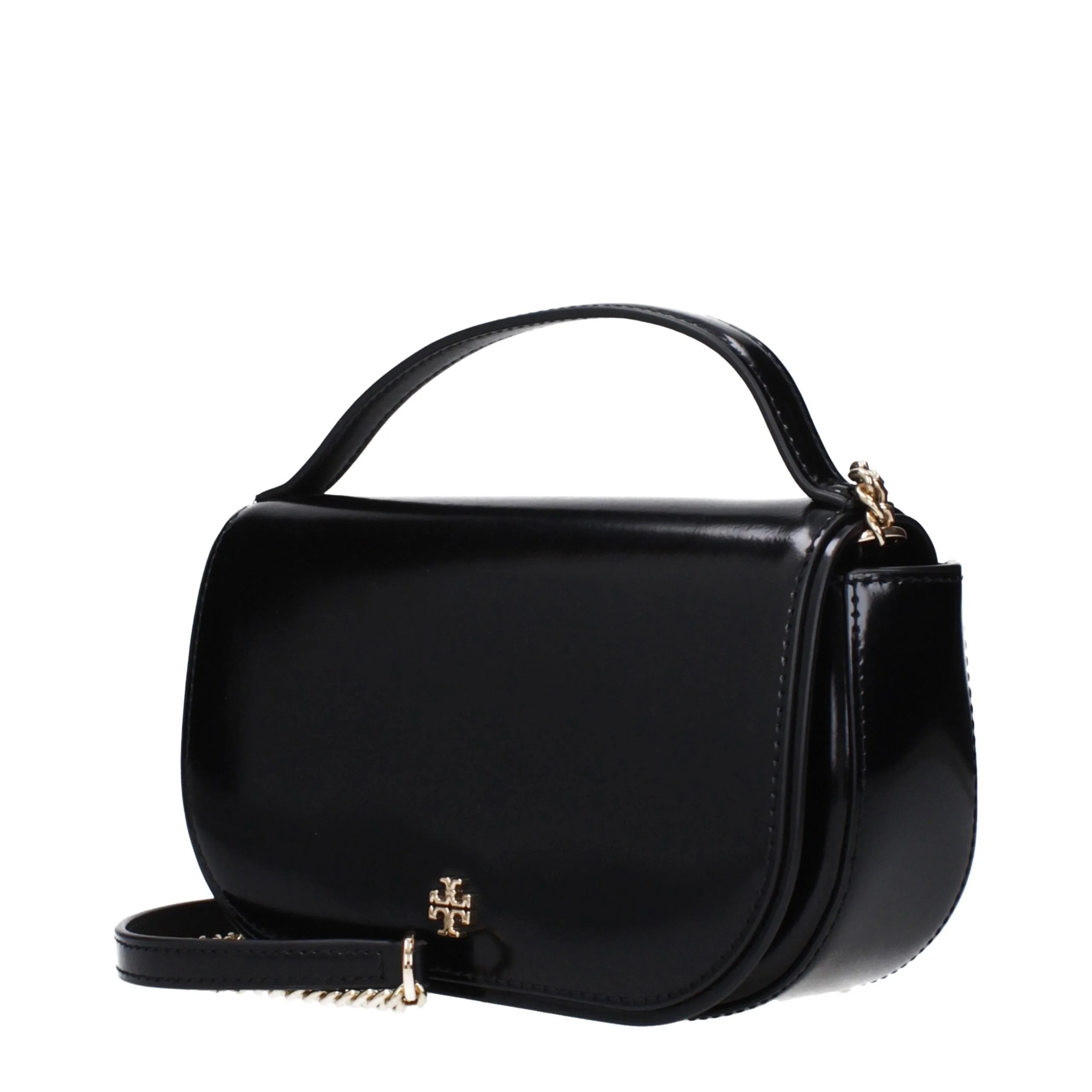 Side profile of the Tory Burch black leather bag highlighting its slim gusset design and refined edge stitching.