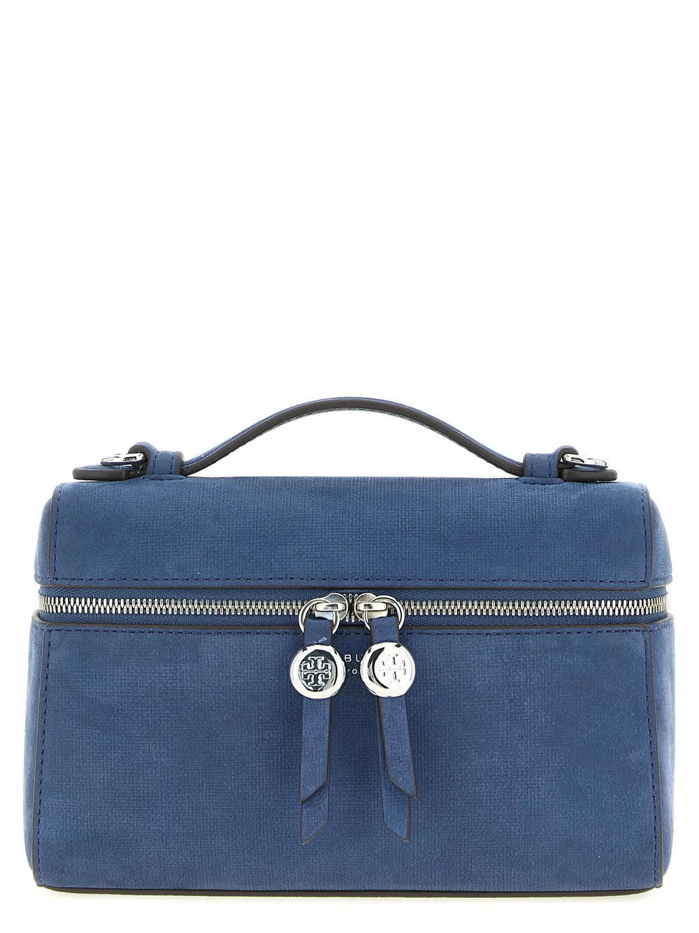Frontvisning af en Tory Burch blå lædertaske i lammeskind med struktureret silhuet og signaturbeslag i guldfarve.