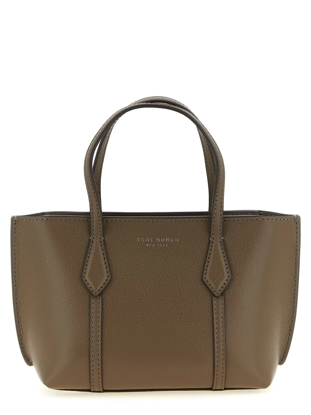 Vista frontal de un bolso tote marrón de cuero de vaca de Tory Burch con asas de cuero estructuradas y una silueta minimalista.