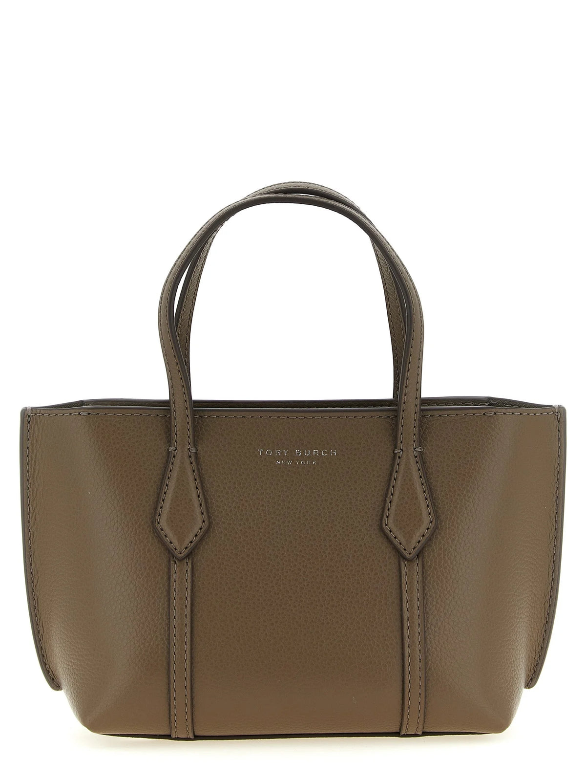 Vista frontal de un bolso tote marrón de cuero de vaca de Tory Burch con asas de cuero estructuradas y una silueta minimalista.