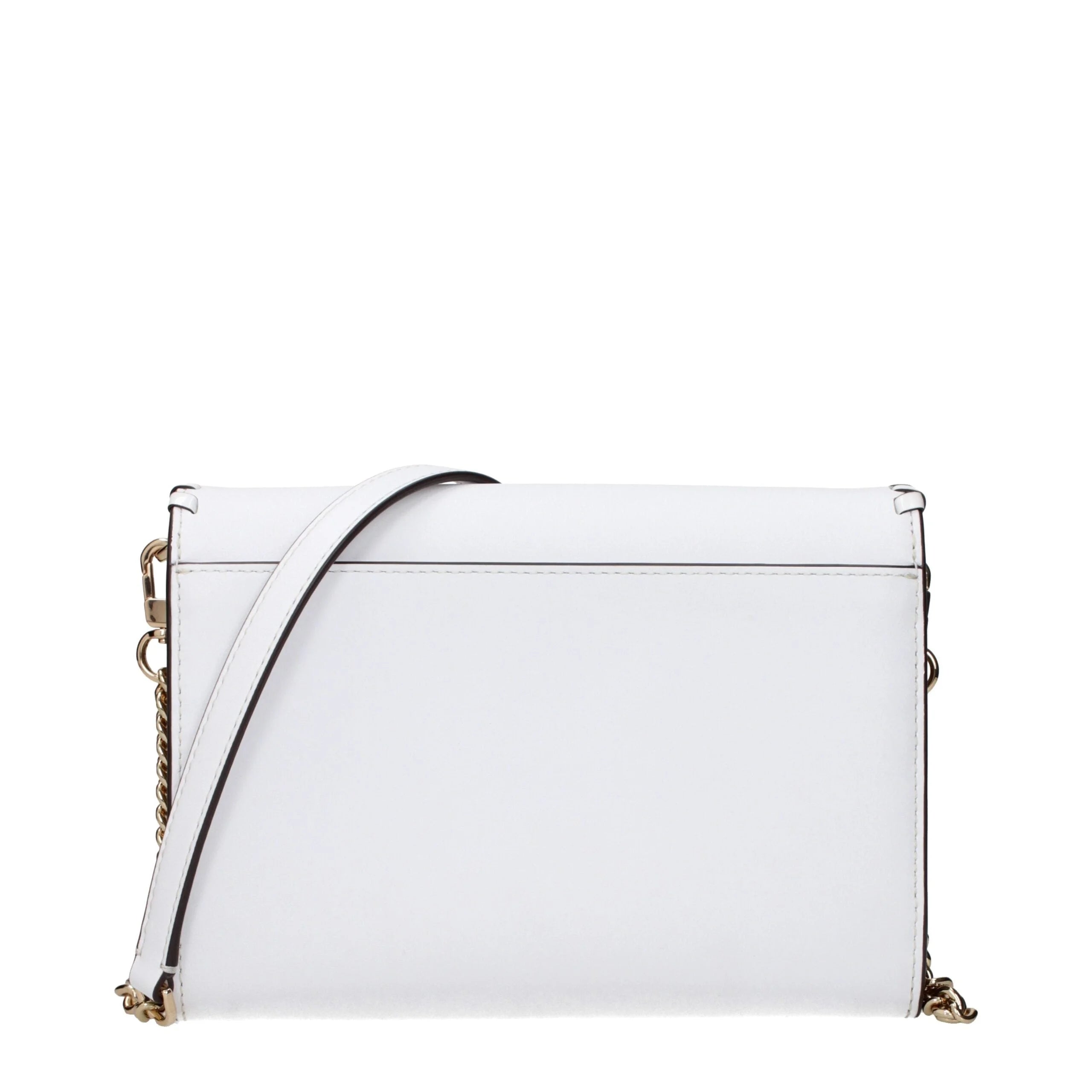 Close-up da clutch Tory Burch, destacando a textura de couro de cascalho branco premium e os detalhes em dourado.