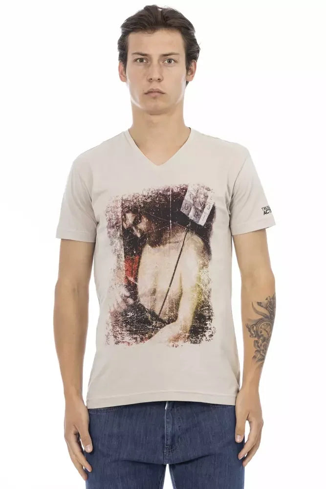 Trussardi Action Beige Cotton Men V-neck T-shirt - T-Shirts