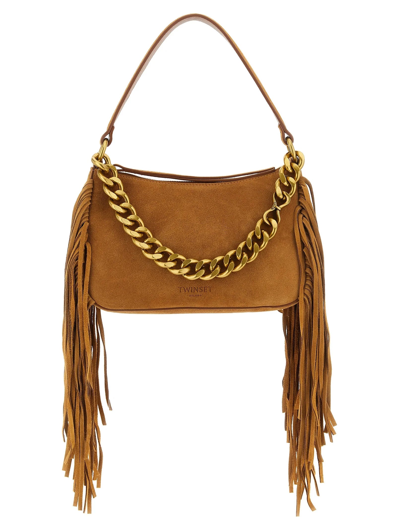 Borsa a spalla marrone in pelle Twinset con una silhouette strutturata e logo in metallo dorato per le donne.