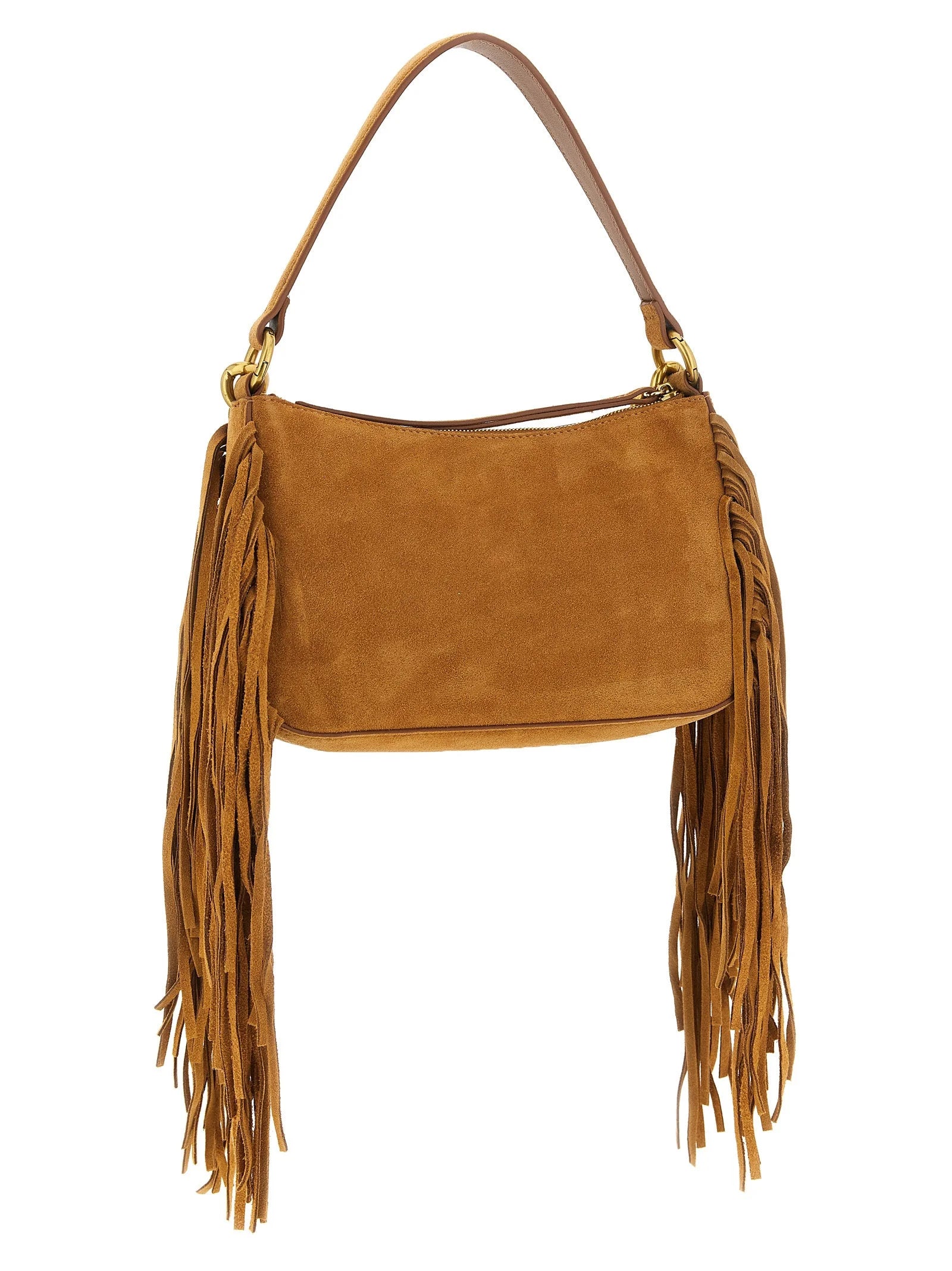 Profilo laterale della borsa in pelle marrone Twinset che mostra la costruzione con risvolto sottile e la tracolla regolabile.