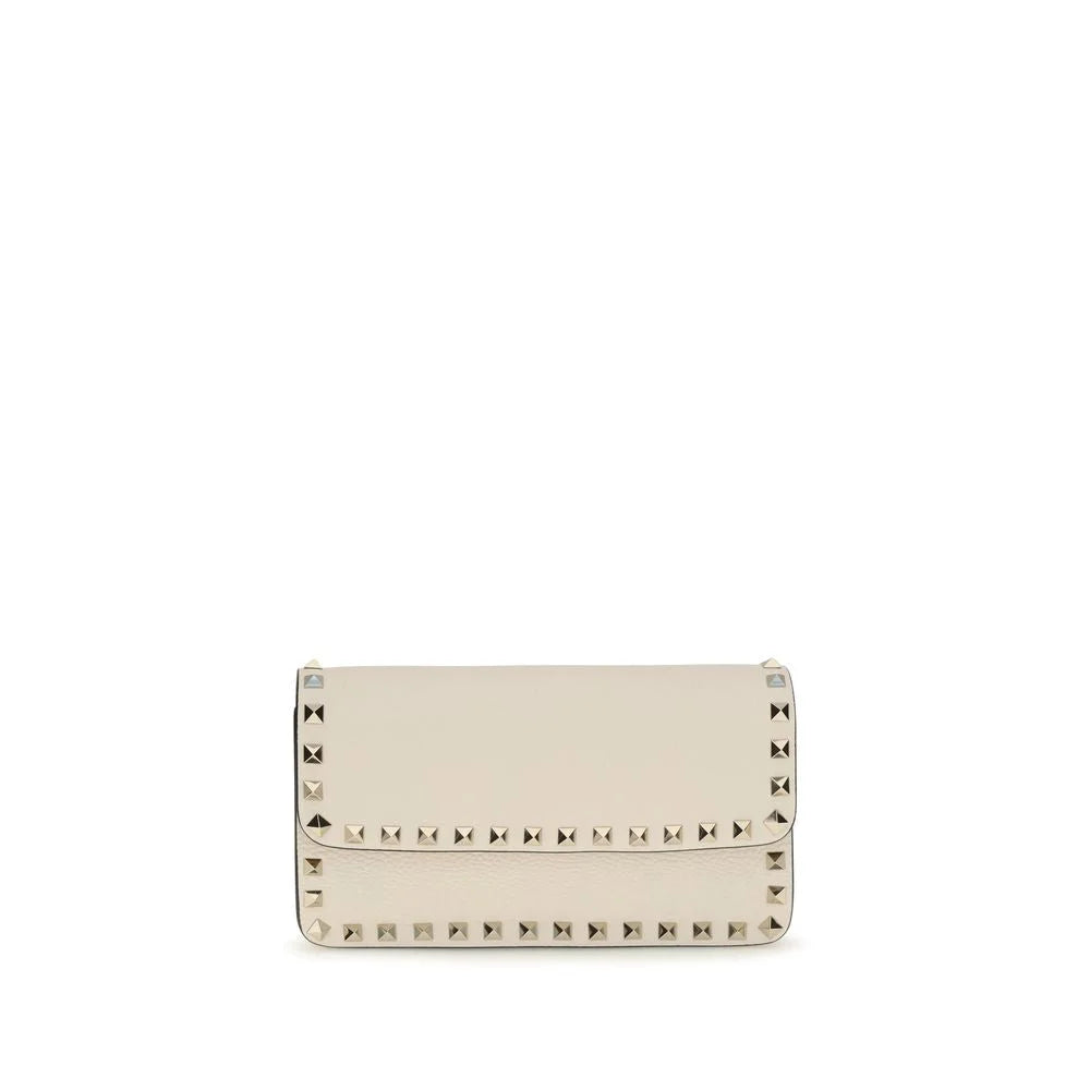 Valentino Garavani beige calf leather Bos Taurus wallet featuring a gold-tone VLogo Signature emblem on the front.