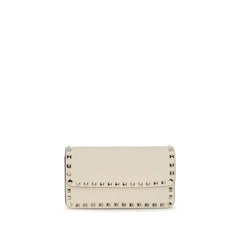 Valentino Garavani beige calf leather Bos Taurus wallet featuring a gold-tone VLogo Signature emblem on the front.