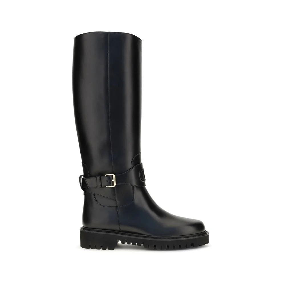 Valentino Garavani Black Calf Leather Bos Taurus Flat Boots