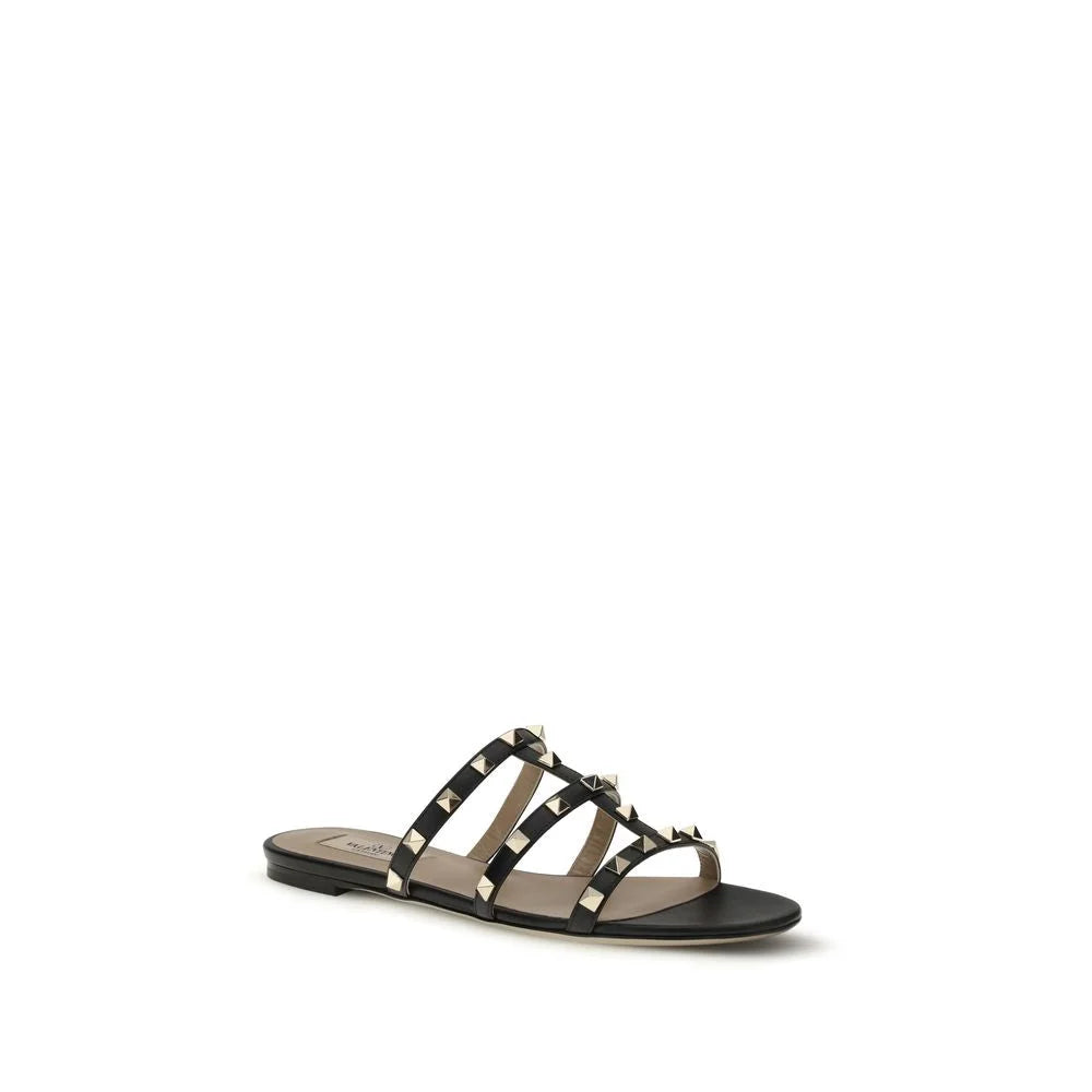 Valentino Garavani Black Calf Leather Bos Taurus Flat Sandals - EU40/US10