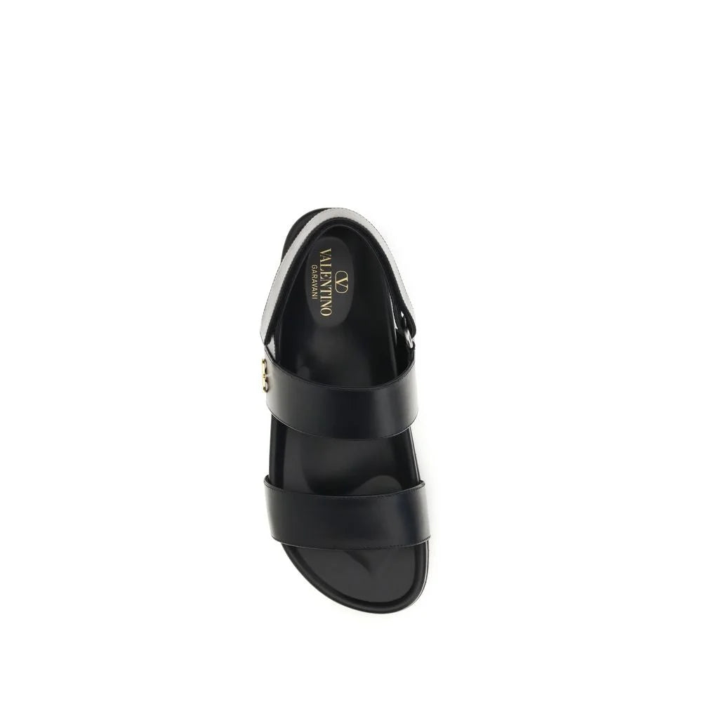 Valentino Garavani Black Calf Leather Bos Taurus Flat Sandals