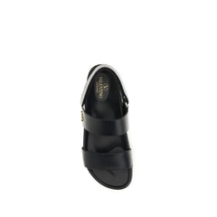 Valentino Garavani Black Calf Leather Bos Taurus Flat Sandals
