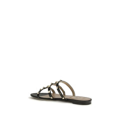 Valentino Garavani Black Calf Leather Bos Taurus Flat Sandals - EU40/US10