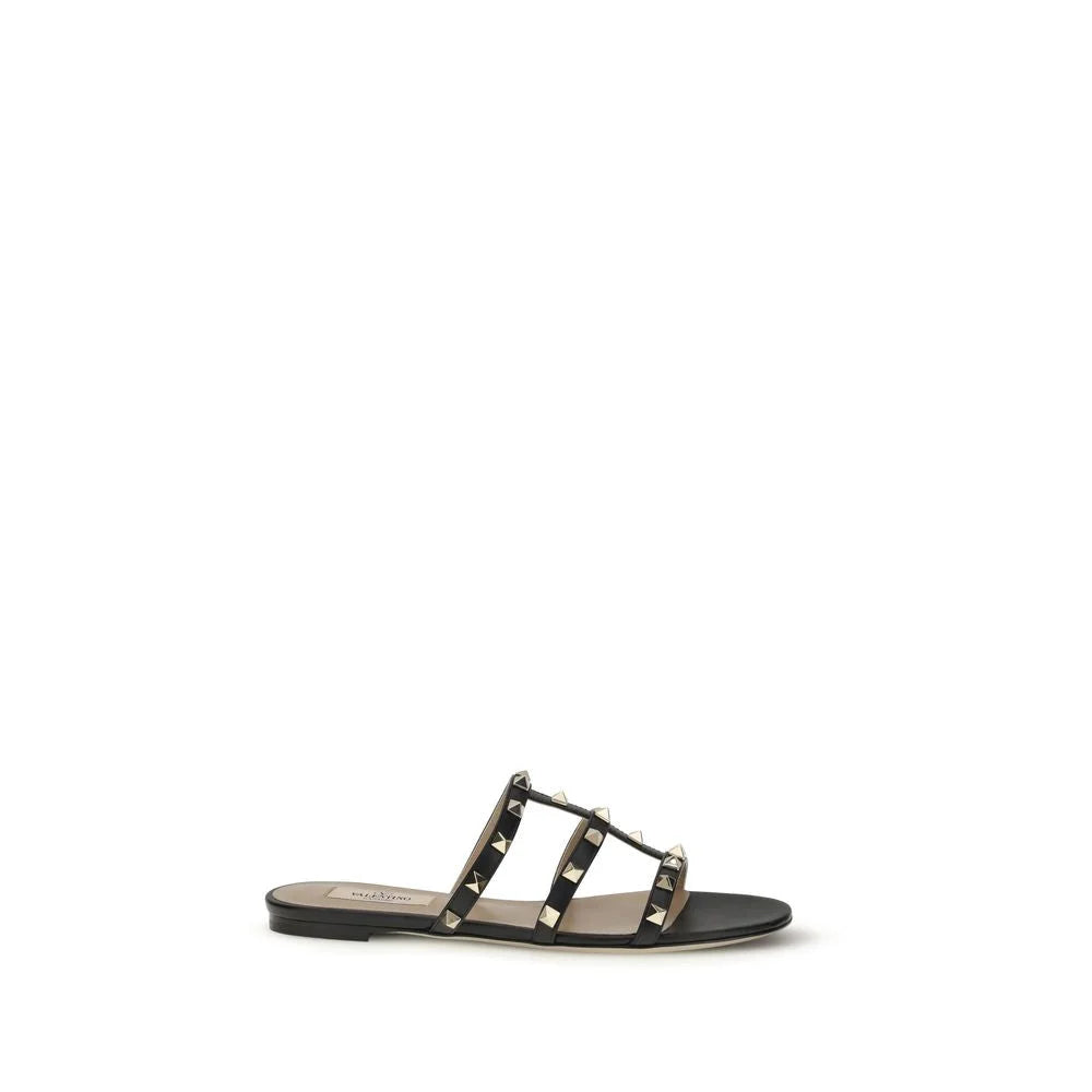 Valentino Garavani Black Calf Leather Bos Taurus Flat Sandals - EU40/US10