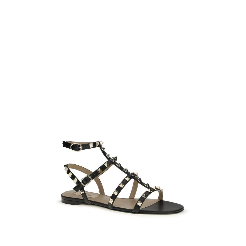 Valentino Garavani Black Calf Leather Bos Taurus Flat Sandals - EU38/US8