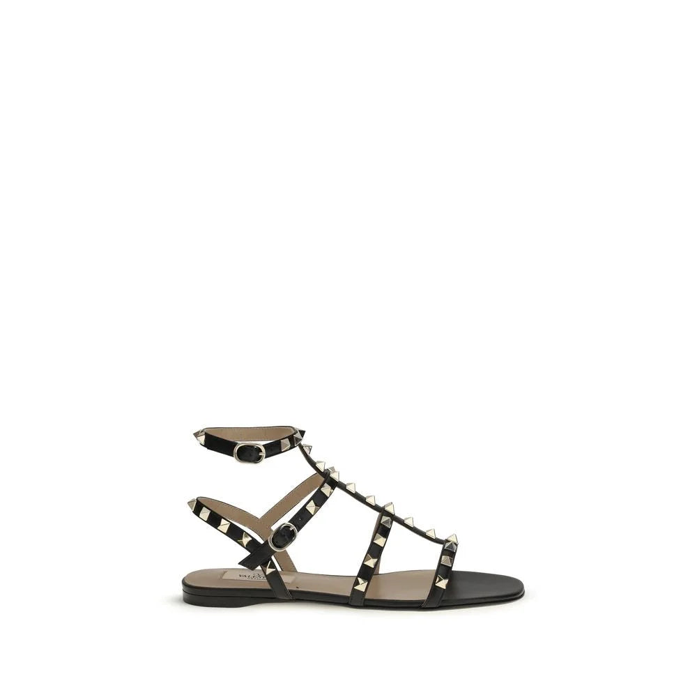 Valentino Garavani Black Calf Leather Bos Taurus Flat Sandals - EU38/US8
