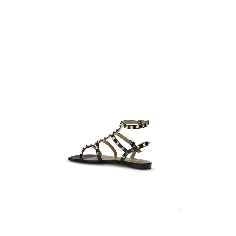Valentino Garavani Black Calf Leather Bos Taurus Flat Sandals - EU38/US8