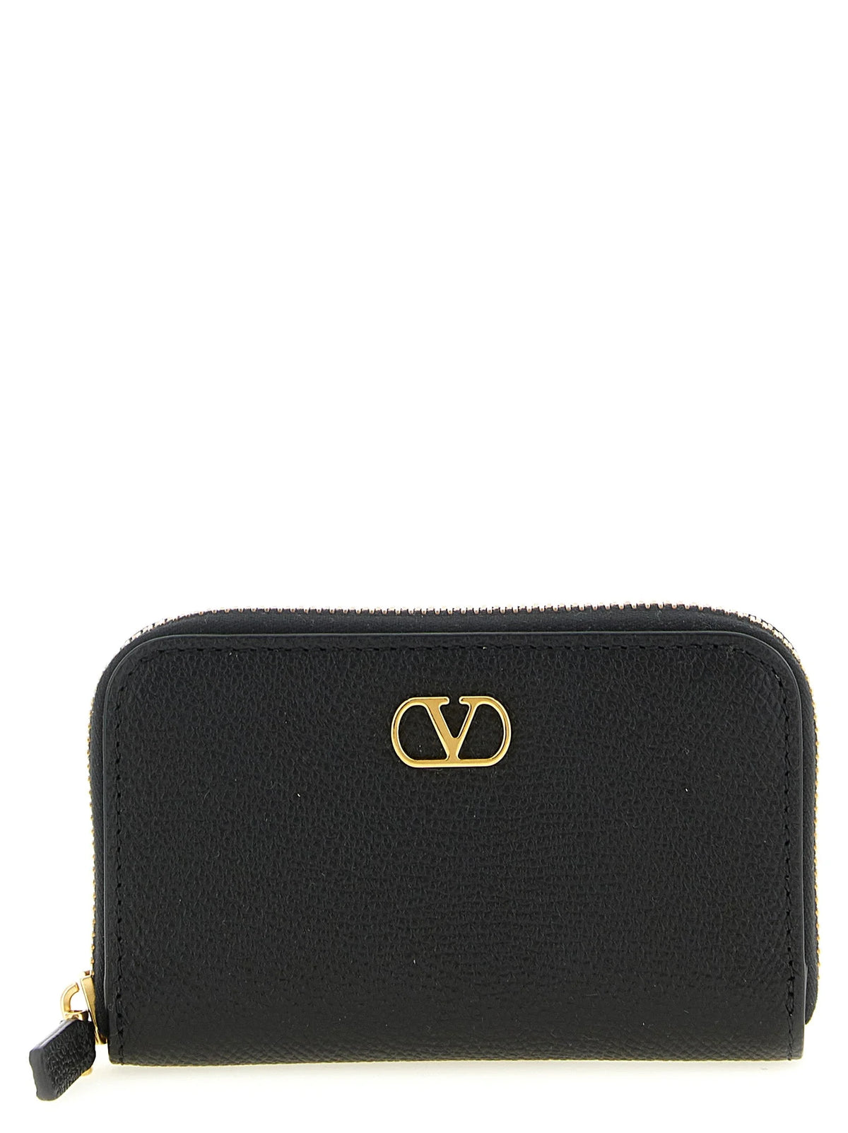 Valentino Garavani zwarte rundleer kaarthouder met de iconische VLogo Signature hardware in een gepolijde goudkleurige afwerking.