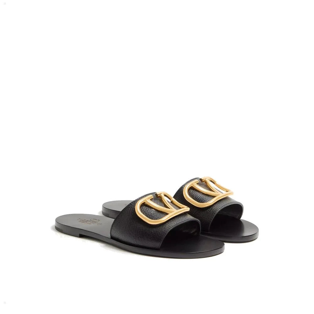 Valentino Garavani Black Calfskin Flat Sandals - EU35/US5