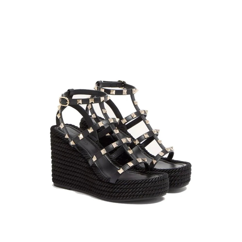 Valentino Garavani Black Calfskin Wedge Sandals - EU34/US4