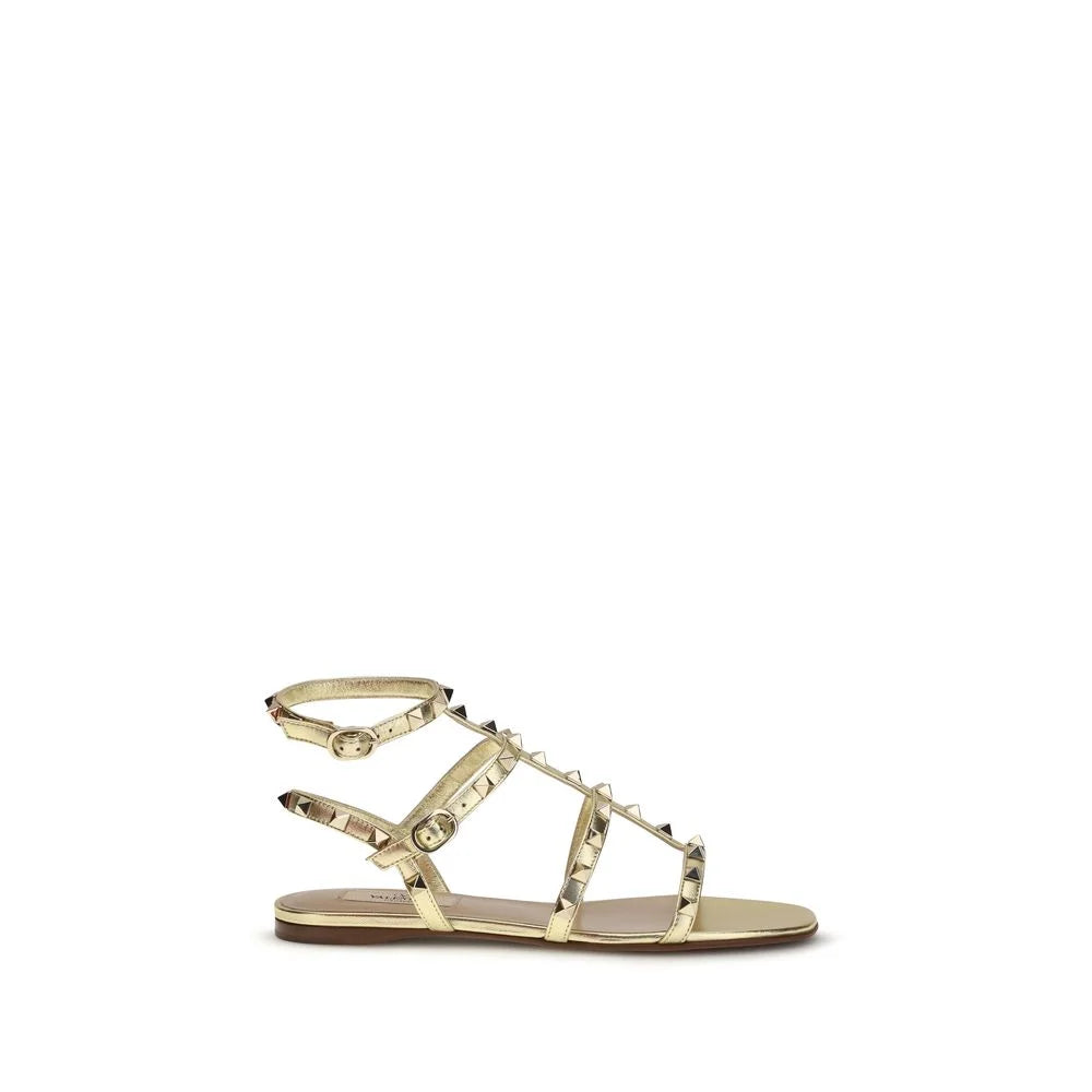 Valentino Garavani Gold Calf Leather Bos Taurus Flat Sandals - EU38/US8