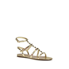 Valentino Garavani Gold Calf Leather Bos Taurus Flat Sandals - EU38/US8