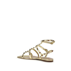 Valentino Garavani Gold Calf Leather Bos Taurus Flat Sandals - EU38/US8